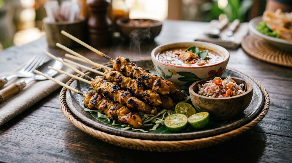 Satay skewers, grilled tableside