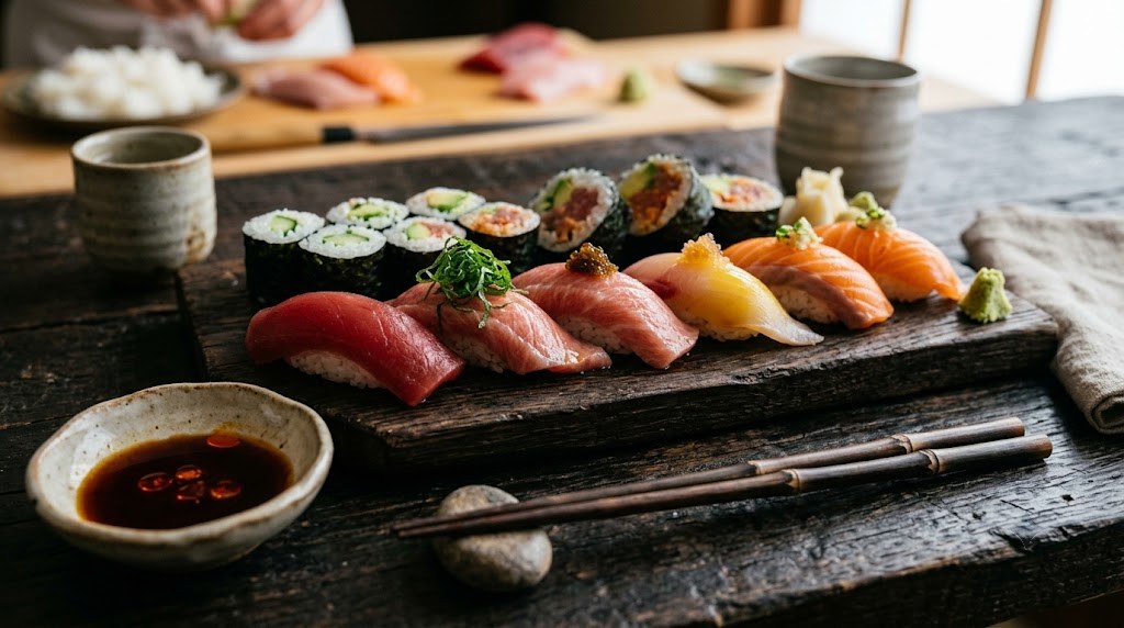Sushi, prepared at the counter