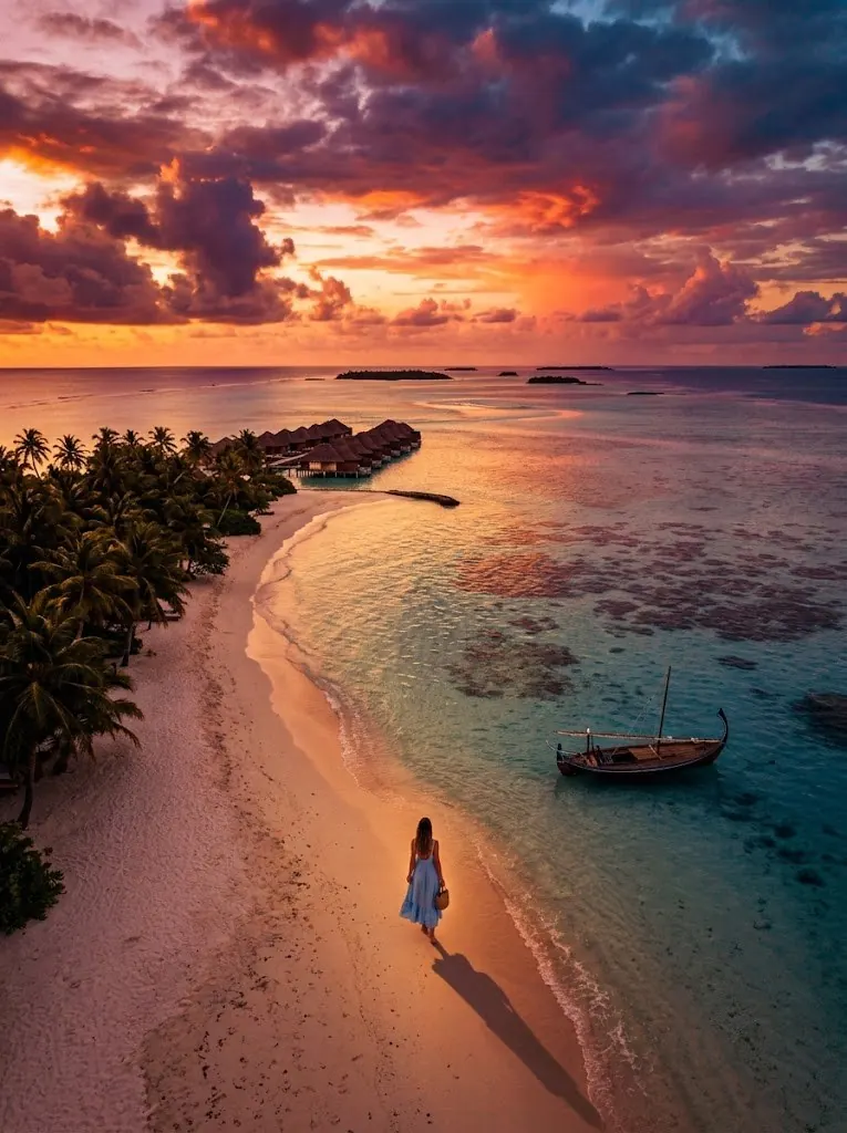 Aerial view of overwater villas, Maldives