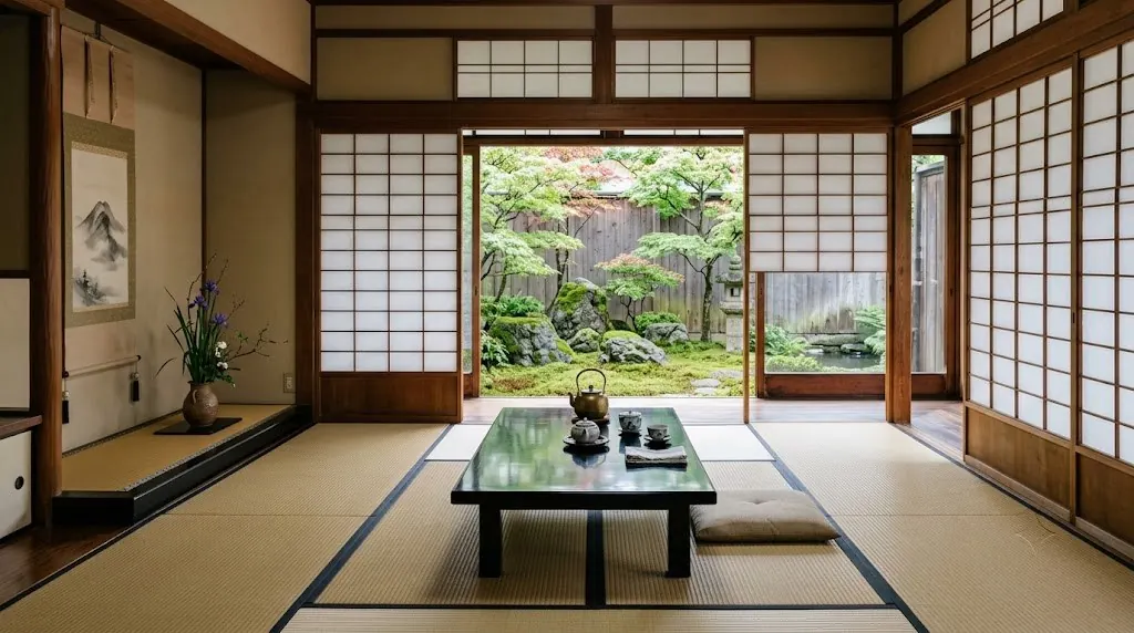 Tatami room with garden views