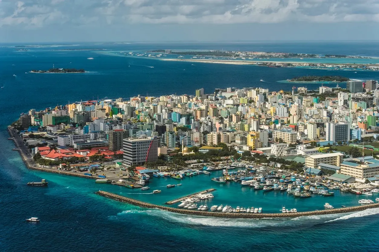 Seaplane arrival over the atolls, Maldives